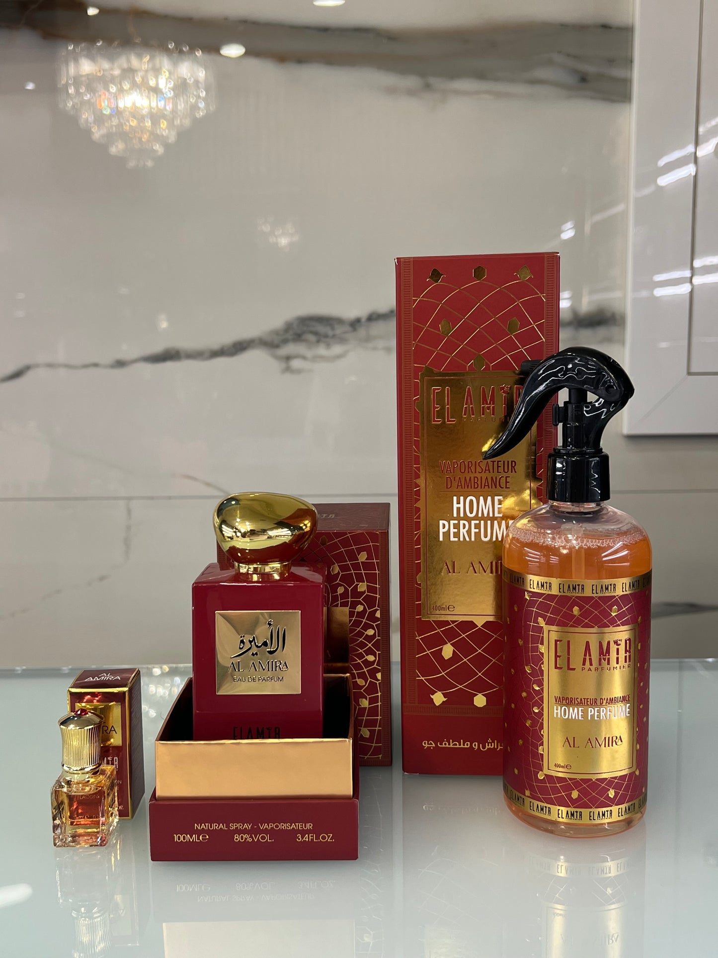 Confezione regalo AL AMIRA contiene 3 prodotti profumo 100ml EDP + olio essenziale 5ml + profumo per i tessuti 400ml