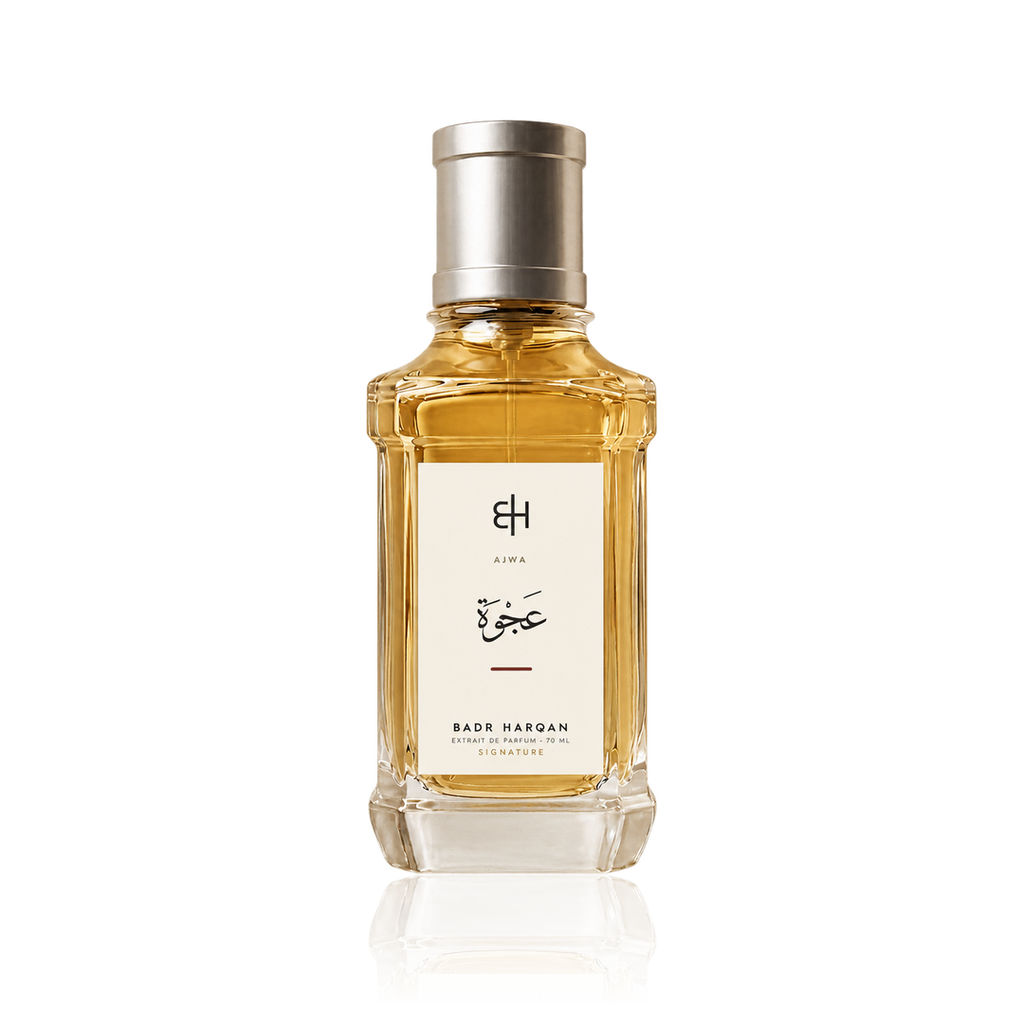 Badr Harqan Ajwa Extrait de Parfum 70 ml, flacone in vetro con etichetta avorio
