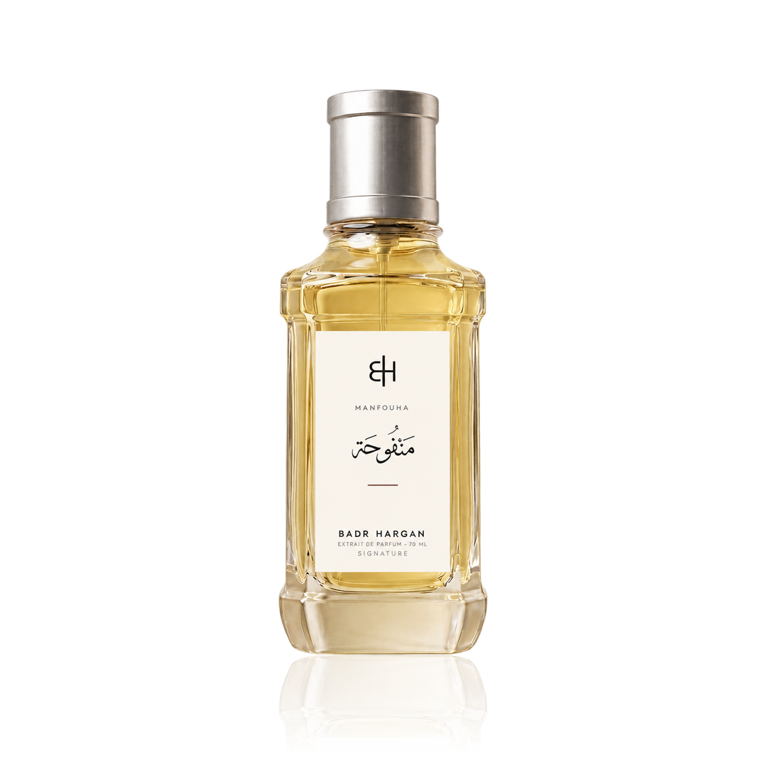 Badr Harqan Manfouha Extrait de Parfum 70 ml, flacone con etichetta avorio