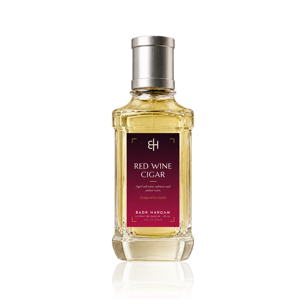 Badr Harqan Red Wine Cigar Extrait de Parfum 70 ml, flacone con etichetta bordeaux
