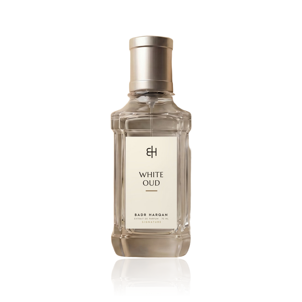 Badr Harqan White Oud Extrait de Parfum 70 ml, flacone in vetro con etichetta avorio e tappo satinato