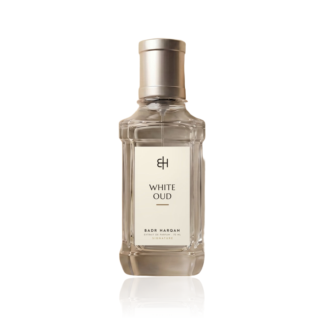 Badr Harqan White Oud Extrait de Parfum 70 ml, flacone in vetro con etichetta avorio e tappo satinato