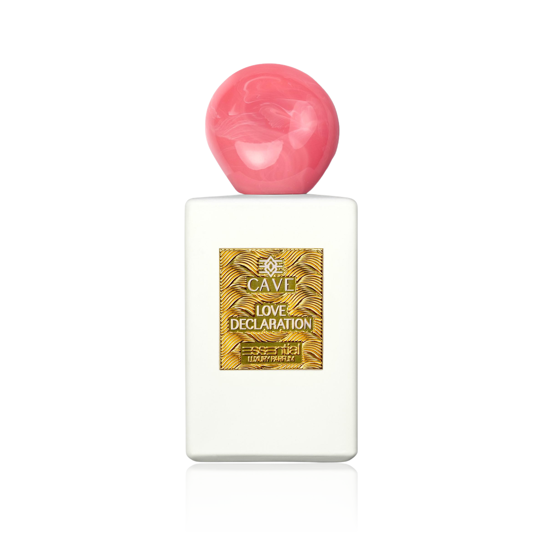 Cave Love Declaration, flacone bianco con targa dorata e tappo rosa marmorizzato
