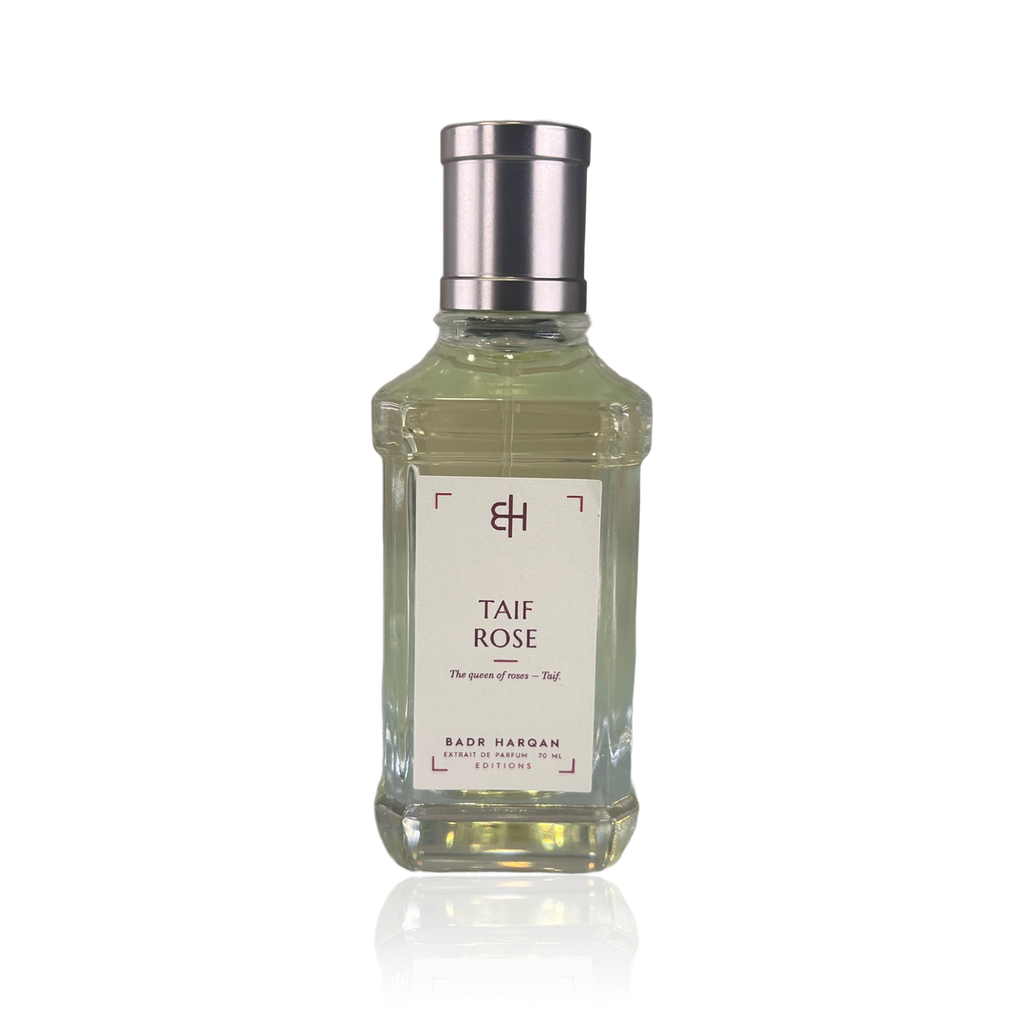 Badr Harqan Taif Rose Extrait de Parfum 70 ml, flacone in vetro con etichetta avorio