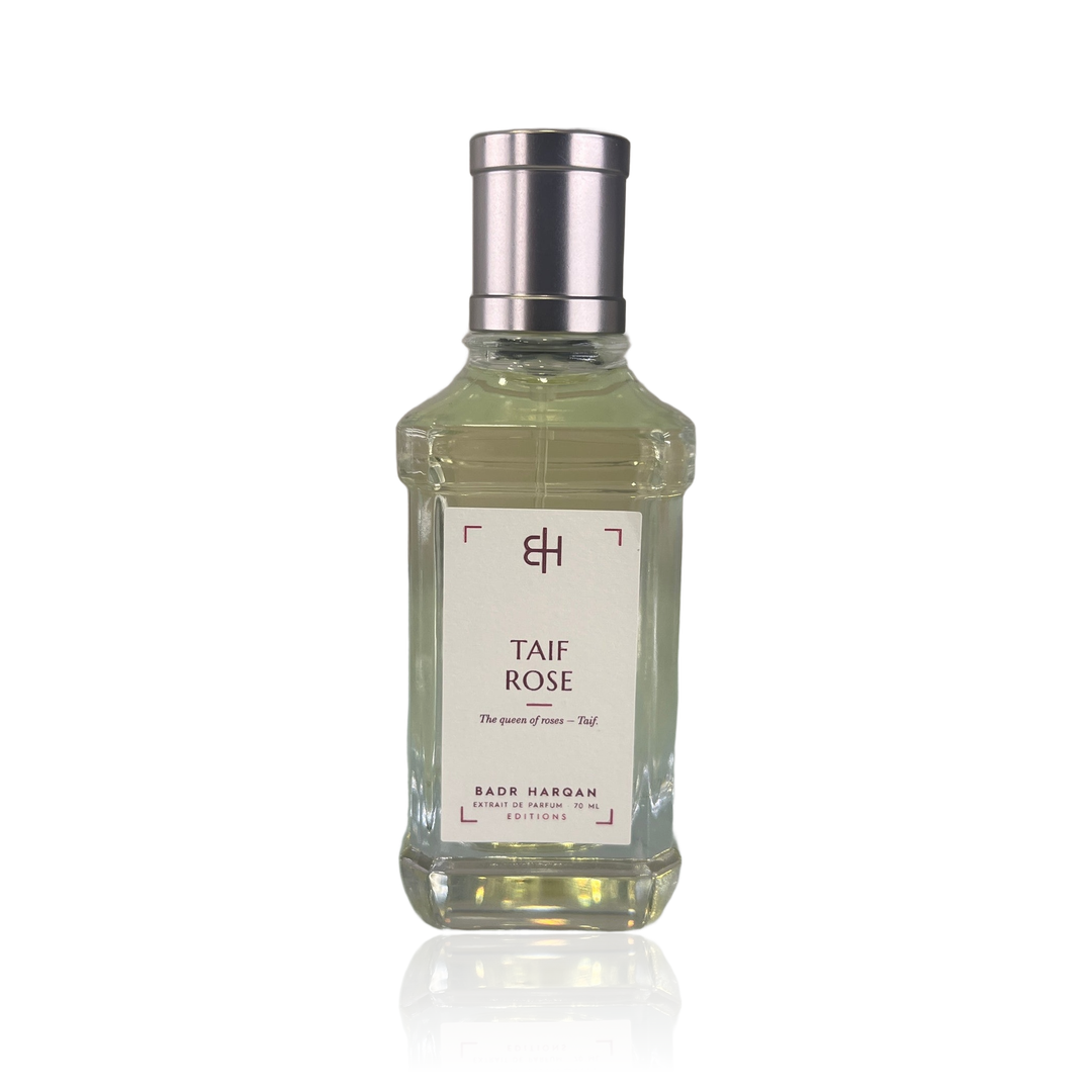 Badr Harqan Taif Rose Extrait de Parfum 70 ml, flacone in vetro con etichetta avorio